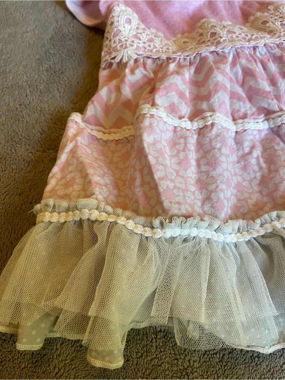 Girls Pink Lace-Trim Tiered Casual Dress